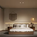 Minimalist Hotel Room Interior With Wooden Bed Woven Tapestry And Led Headboard Light