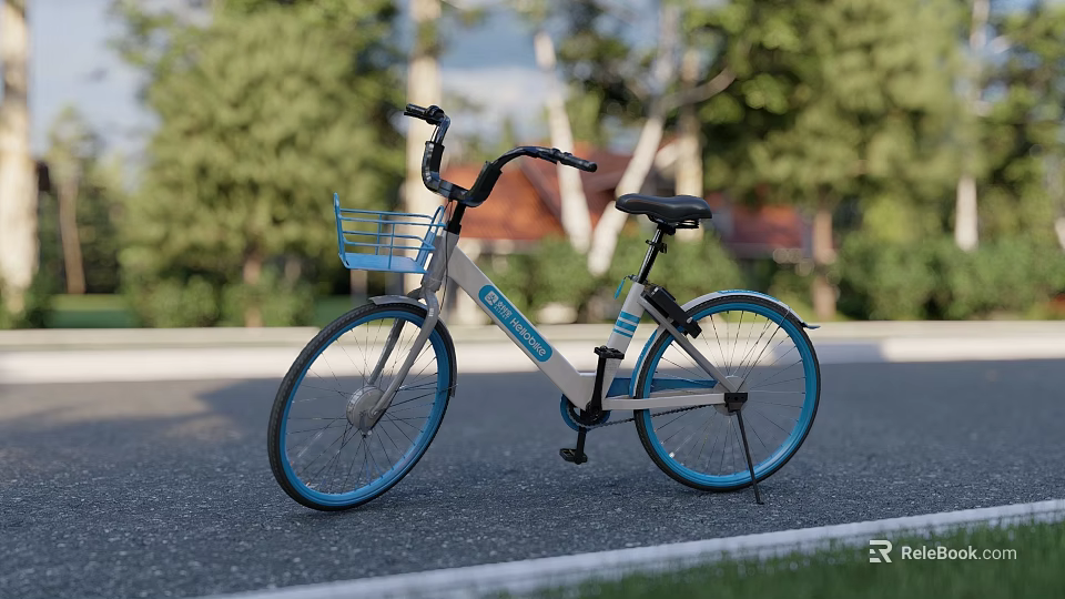 Blue And White Bicycle With Front Blue Basket Parked On Road Near Trees And Houses 3d model 