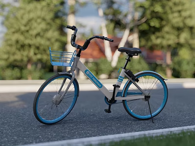 Blue And White Bicycle With Front Blue Basket Parked On Road Near Trees And Houses 3d model