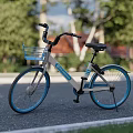 Blue And White Bicycle With Front Blue Basket Parked On Road Near Trees And Houses