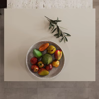 Dining Living Room Interior With Light Colored Tabletop And Fruit Bowl With Olive Branch 3d model