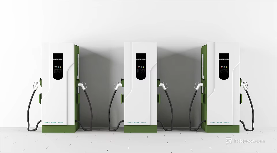 Row of White and Green Electric Vehicle Charging Stations With Digital Screens and Cables 3d model 