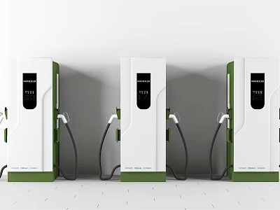 Row of White and Green Electric Vehicle Charging Stations With Digital Screens and Cables 3d model