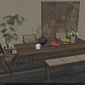 Rustic Wooden Dining Table Set With Chairs Bench Fruits Vase And Plants