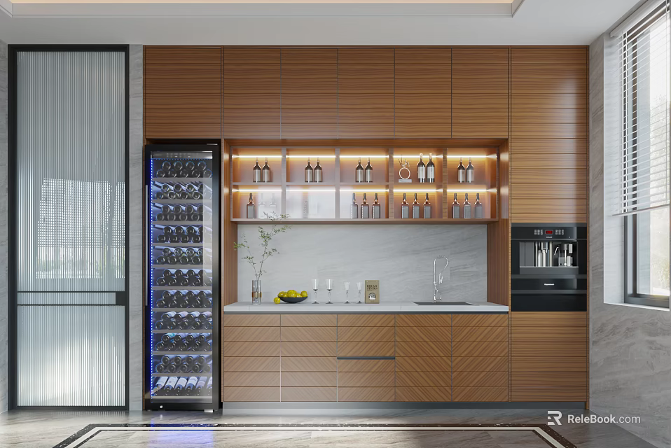 Modern Wine Cabinet With Wooden Cabinets LED Lighting Wine Bottles And Glasses 3d model 