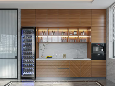 Modern Wine Cabinet With Wooden Cabinets LED Lighting Wine Bottles And Glasses 3d model