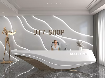 Modern U17 Shop Reception Featuring White Wavy Wall Marble Floor Golden Sculpture And Vase 3d model