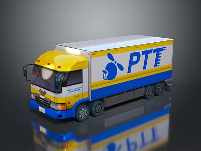 PTT Yellow White And Blue Box Cargo Truck On Reflective Surface 3d model