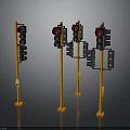Orange Traffic Light Poles With Multiple Signal Units And Reflective Bases