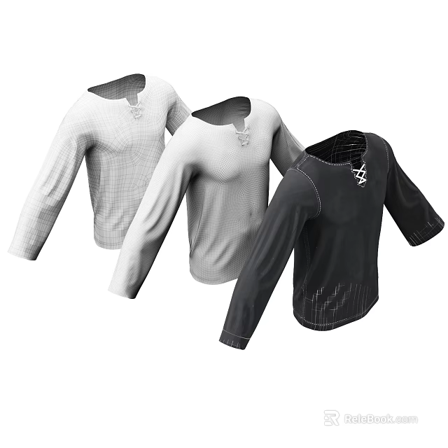 Long Sleeve Athletic Shirts White Light Gray Black With Lace Up Collar Mesh Details 3d model 