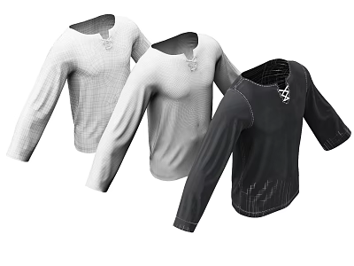 Long Sleeve Athletic Shirts White Light Gray Black With Lace Up Collar Mesh Details 3d model