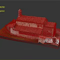 Cartoon Scenery of Red Tiled Roof Building with Small Tower Green Lawn and Side Statue