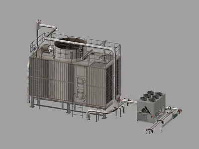 Industrial Cooling Tower With Metal Frame Piping System And Fan Units 3d model
