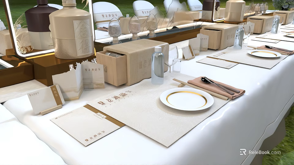 Dining Table Set With White Placemats Gold Rimmed Plates Arranged Utensils Decorative Boxes And Glassware 3d model 