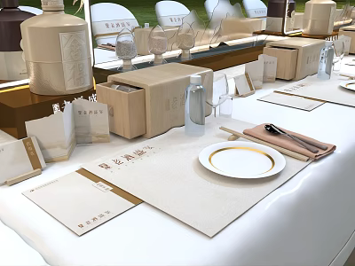 Dining Table Set With White Placemats Gold Rimmed Plates Arranged Utensils Decorative Boxes And Glassware 3d model