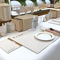 Dining Table Set With White Placemats Gold Rimmed Plates Arranged Utensils Decorative Boxes And Glassware