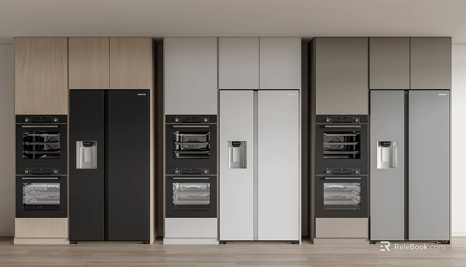 Modern Kitchen Interior Featuring Different Color Double Door Refrigerators And Oven Cabinets 3d model
