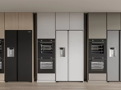 Modern Kitchen Interior Featuring Different Color Double Door Refrigerators And Oven Cabinets 3d model