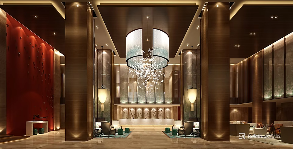 Elegant Luxury Hotel Lobby With Grand Chandelier Bronze Columns And Reception Area 3d model 
