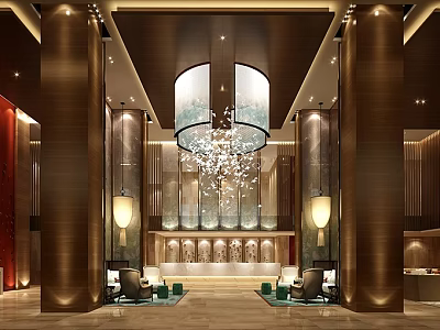 Elegant Luxury Hotel Lobby With Grand Chandelier Bronze Columns And Reception Area 3d model