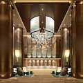 Elegant Luxury Hotel Lobby With Grand Chandelier Bronze Columns And Reception Area