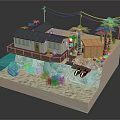 Cartoon Beach Scene Featuring Wooden Deck Cabin Palm Trees and Small Boat in Blue Water