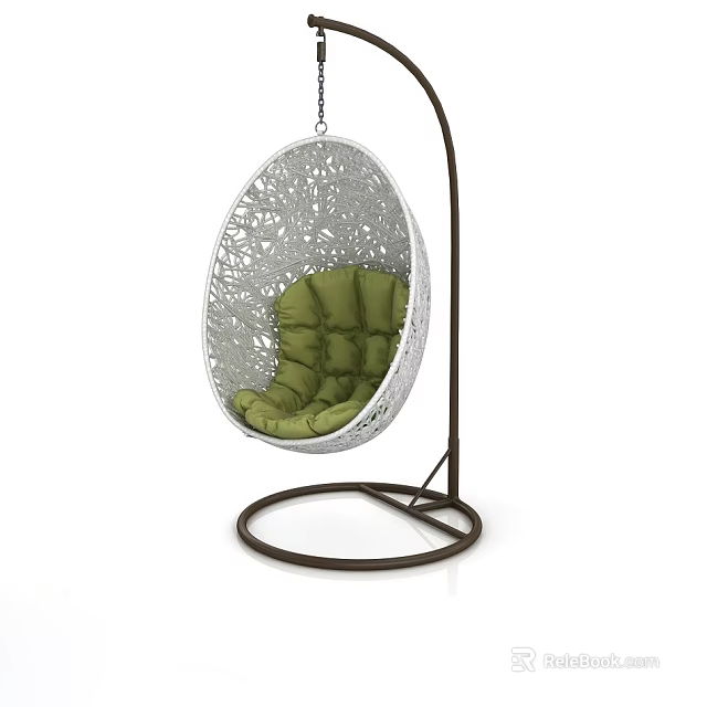 Stylish Wicker Hanging Chair With Green Cushion And Brown Metal Stand 3d model 