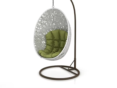 Stylish Wicker Hanging Chair With Green Cushion And Brown Metal Stand 3d model