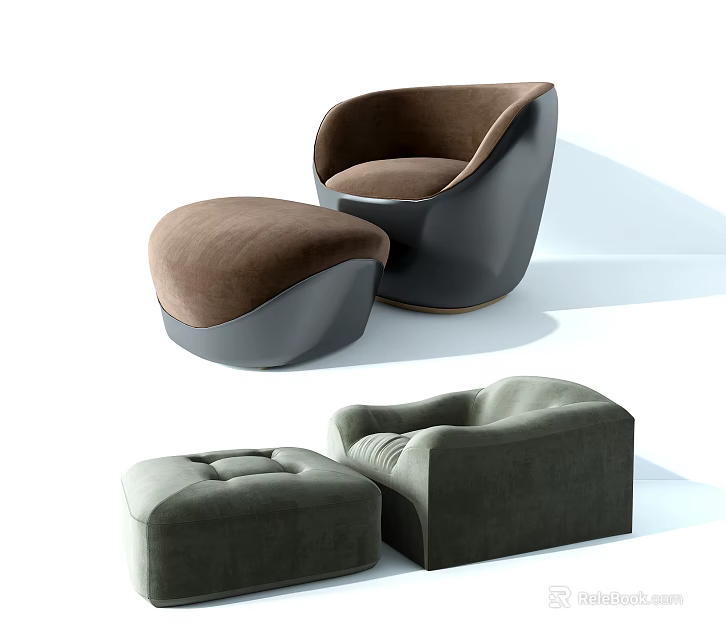 Stylish Single Sofa With Matching Ottoman In Brown And Dark Green Colors 3d model 