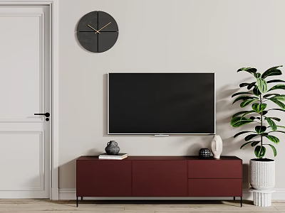 Maroon TV Stand With Wall Mounted TV Green Plant And Round Clock In Living Room 3d model Maroon TV Stand With Wall Mounted TV Green Plant And Round Clock In Living Room 3d model