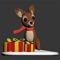 Cute Deer Figurine With Red Scarf Standing By Colorful Gift Boxes On White Platform
