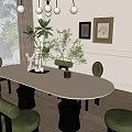Modern Oval White Dining Table Set With Green Upholstered Chairs And Black Legs