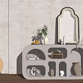 Modern Entryway Console Cabinet Sideboard With Arched Mirror Plant Vase And Storage Shelves