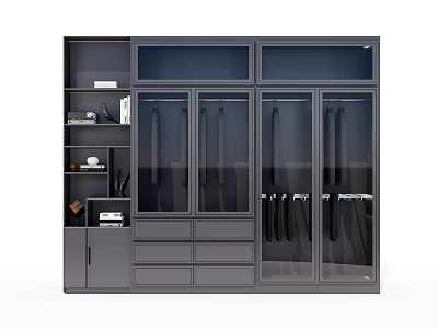 Modern Gray Wardrobe With Glass Doors Drawers And Open Shelves Design 3d model