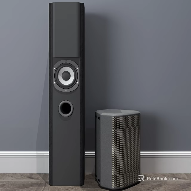 Sleek Black Floor Standing Speakers With Compact Subwoofer On Gray Wall And White Baseboard 3d model 