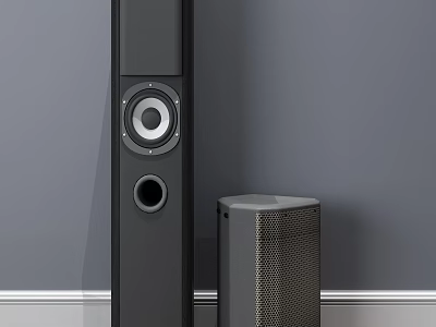Sleek Black Floor Standing Speakers With Compact Subwoofer On Gray Wall And White Baseboard 3d model