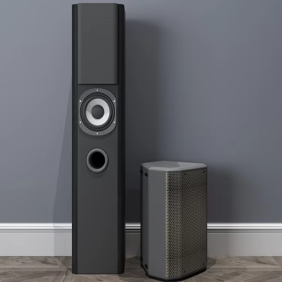 Sleek Black Floor Standing Speakers With Compact Subwoofer On Gray Wall And White Baseboard 3d model