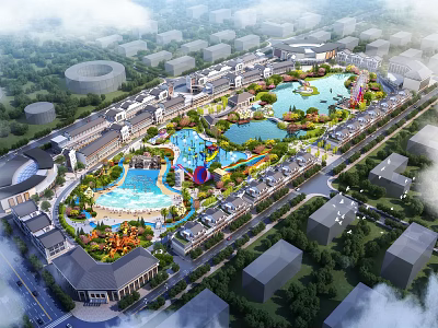 Scenic Waterfront Landscape with Lakes Pools Greenery Colorful Water Slides and Buildings 3d model