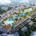 Scenic Waterfront Landscape with Lakes Pools Greenery Colorful Water Slides and Buildings