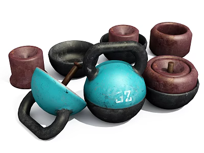 Colorful Fitness Kettlebells With Blue 32 Weight Marking And Red Black Parts 3d model