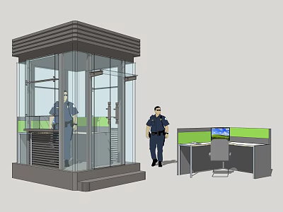 Glass Security Booth With Police Officer And Office Desk Computer Setup 3d model