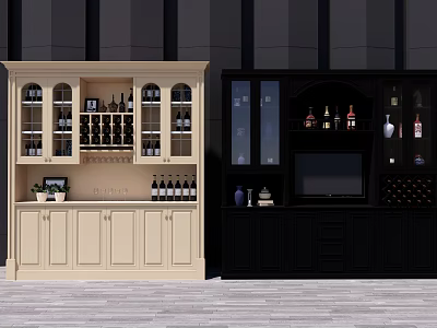 Modern Beige And Black Wine Cabinets With Glass Doors Bottles And Storage Space 3d model