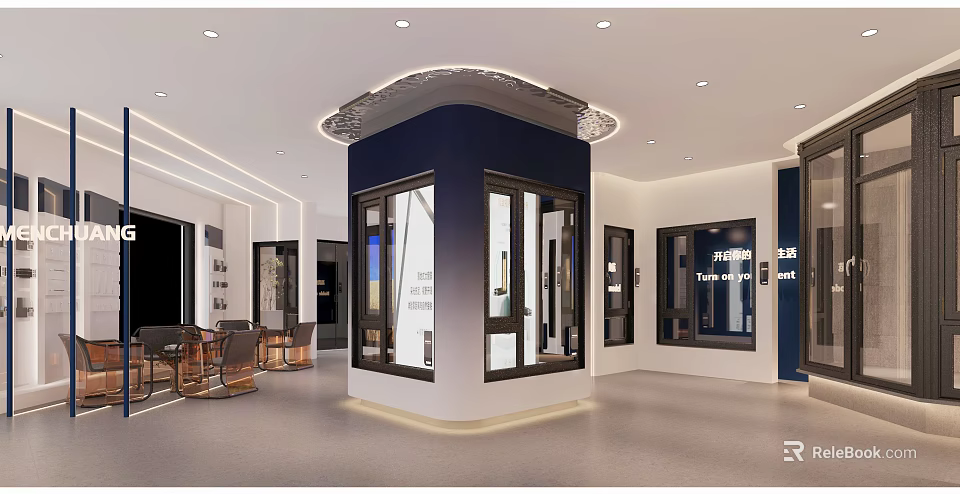 Window Door Showroom Interior With Glass Displays Seating And Modern Design 3d model 