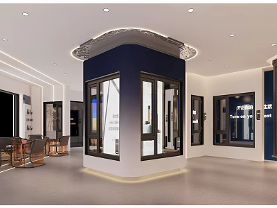 Window Door Showroom Interior With Glass Displays Seating And Modern Design 3d model
