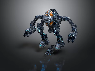 Sci Fi Mechanical Creature With Spherical Head Glowing Blue Lines Multiple Limbs And Orange Details 3d model