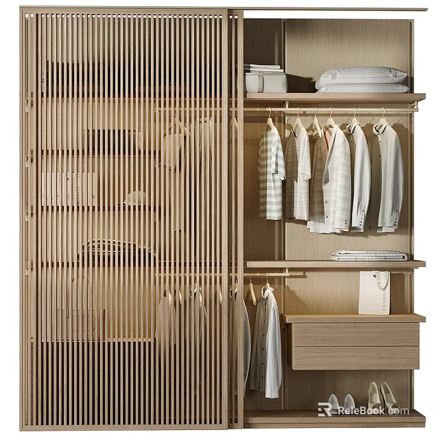 Modern Wooden Wardrobe Interior With Hanging Rails Shelves And Storage Drawers 3d model 