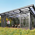 Outdoor Metal Pergola With Transparent Roof For Garden Relaxation Surrounded By Greenery