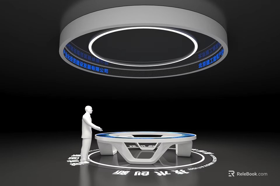 Person Operating Futuristic Interactive Table With Circular Digital Display And Blue Data 3d model 