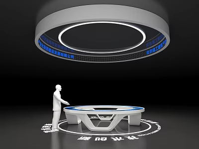 Person Operating Futuristic Interactive Table With Circular Digital Display And Blue Data 3d model
