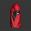 Red Sports Shirt With Black Accents And Logos On Sleeves And Chest